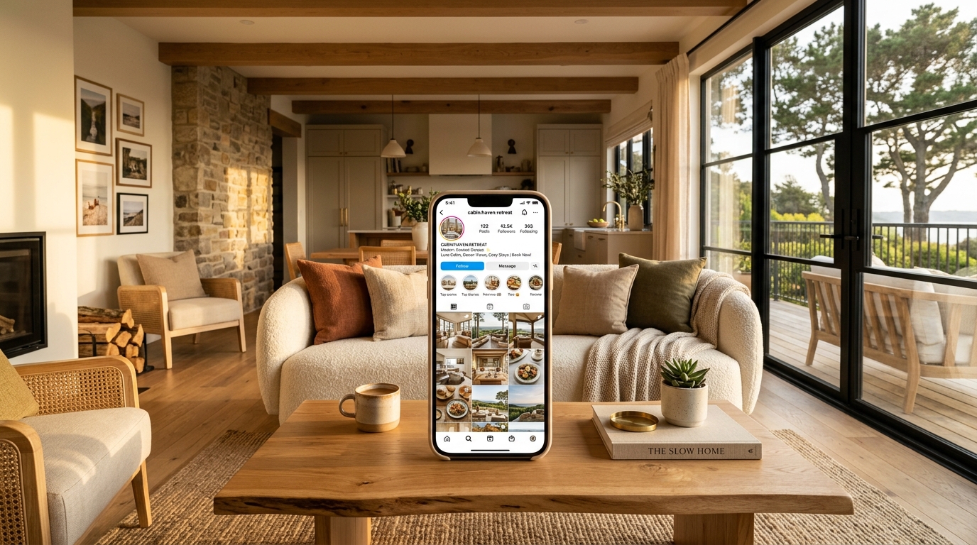 Guest browsing a vacation rental Instagram profile on their phone